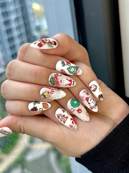 Merry Cartoon Christmas Press On Nails | Kawaii Christmas Nail Art | Festive Holiday Character Nails | White Winter Press Ons | JB222EC