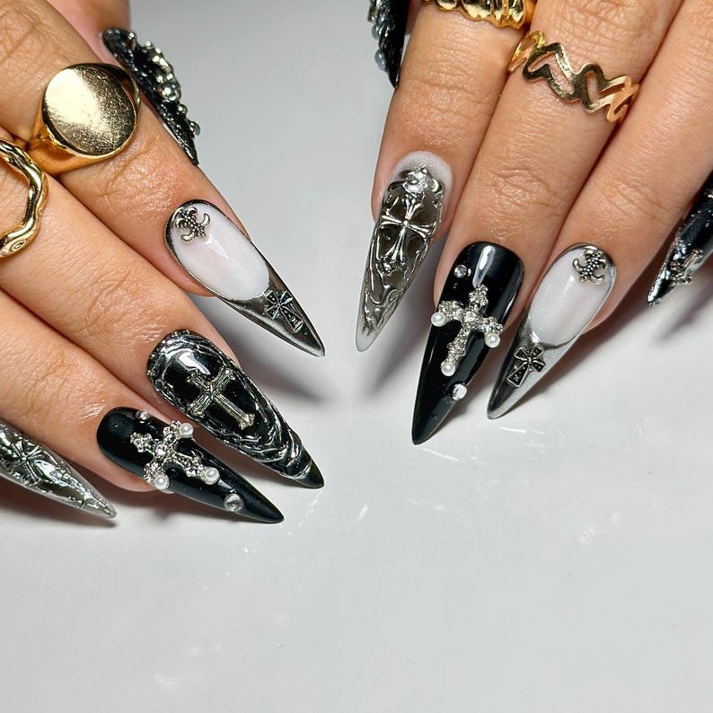 Black Gothic Press On Nails | Dark Alternative Nail Art | 3D Cross Nail Art with Pearls | Punk Fake Nails | Punk Rock Press Ons | HC194YP