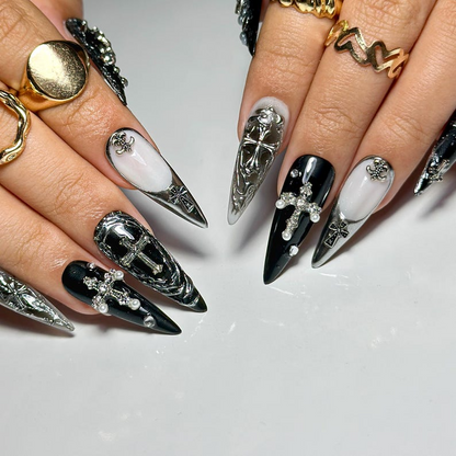 Black Gothic Press On Nails | Dark Alternative Nail Art | 3D Cross Nail Art with Pearls | Punk Fake Nails | Punk Rock Press Ons | HC194YP