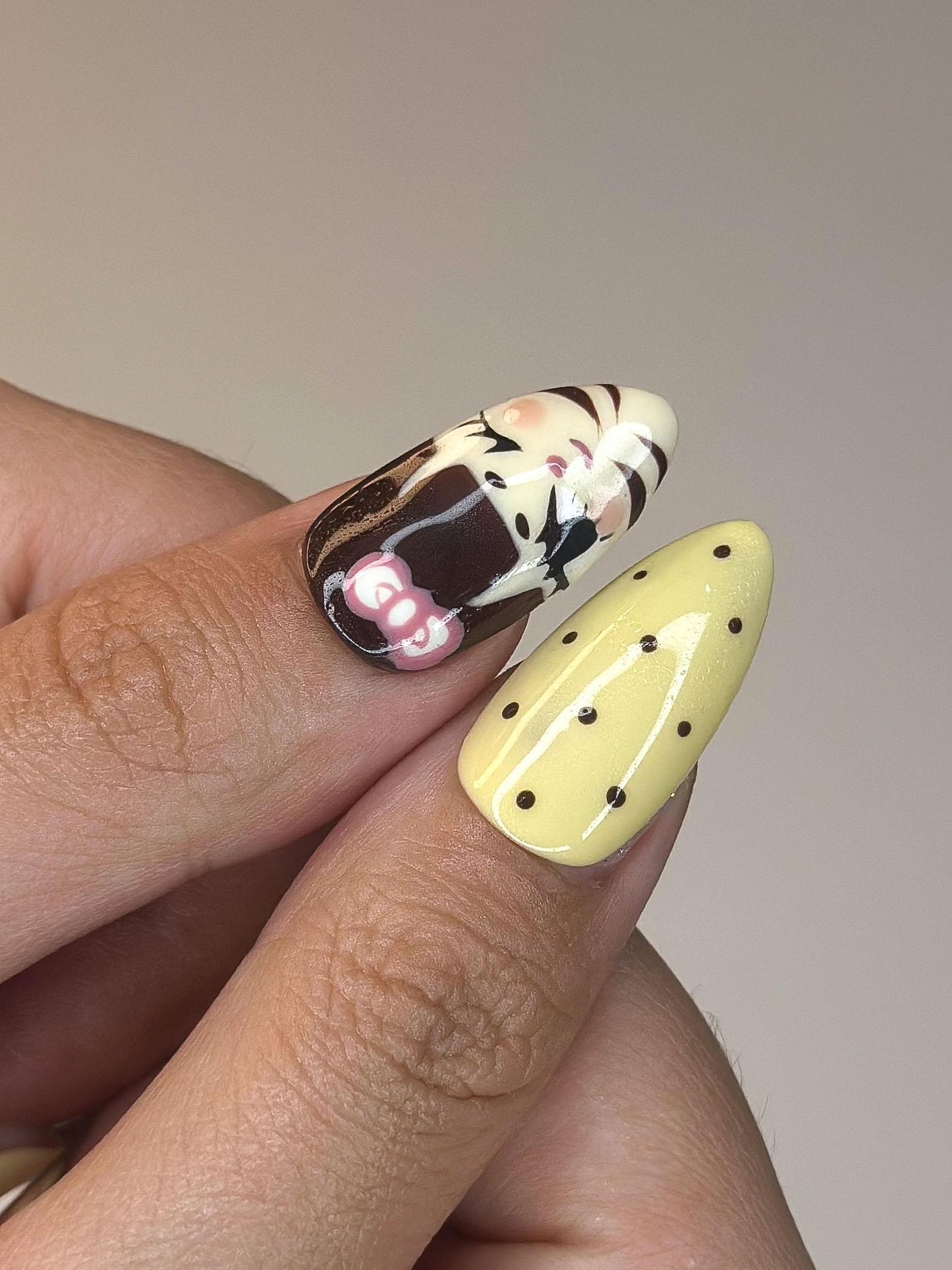 Polka Dot Butter Yellow Nails | Hand-Painted Vintage Anime Press Ons | Luxury 3D Floral Custom Trending 2026 Almond Art | OB389IG