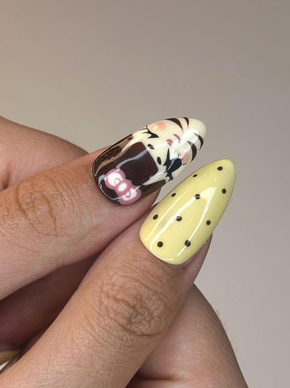 Polka Dot Butter Yellow Nails | Hand-Painted Vintage Anime Press Ons | Luxury 3D Floral Custom Trending 2026 Almond Art | OB389IG