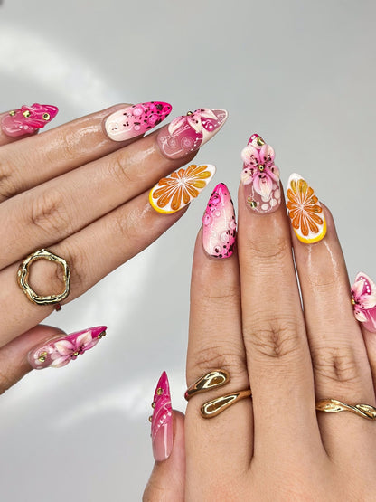 Summer Citrus & Dragon Fruit Nails | Pink Lily n Orange Slice Press Ons | Luxury Tropical Lemon Fruit Stiletto Art | OB376IC