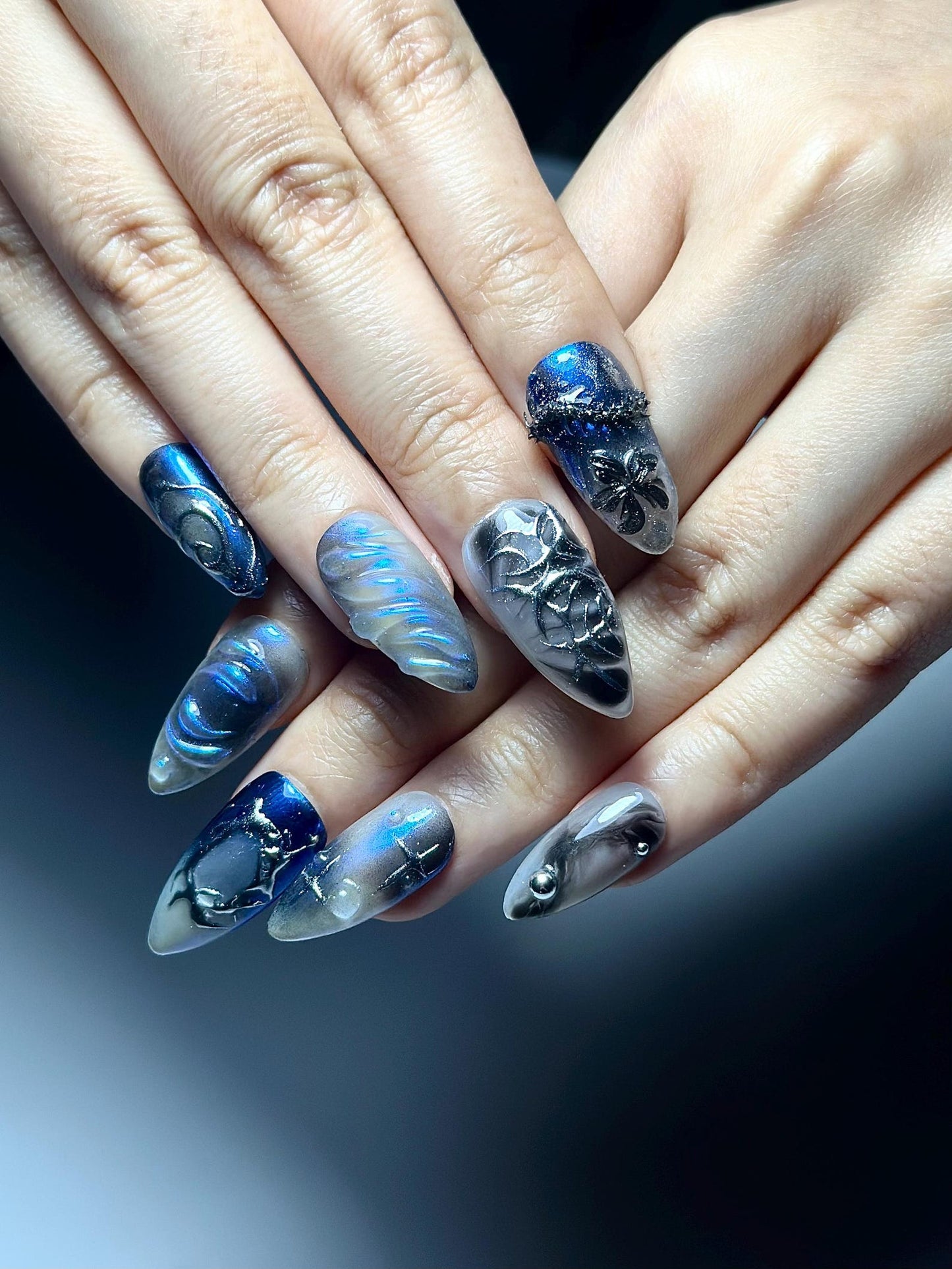 Galaxy Gothic Press On Nails | Dark Blue Chrome Cat Eye Nails | Celestial Star Night Nail Art | Handmade Cosmic Gel Nails | JB328IC