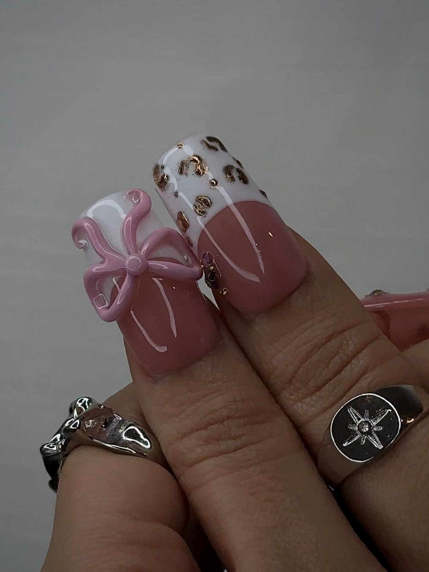 Blush Pink Leopard Press On Nails for Luxury Nail Lovers | Nude Pink Nails with 3D Bow Accent| Leopard French Tips with Gold Detail| JB288HC