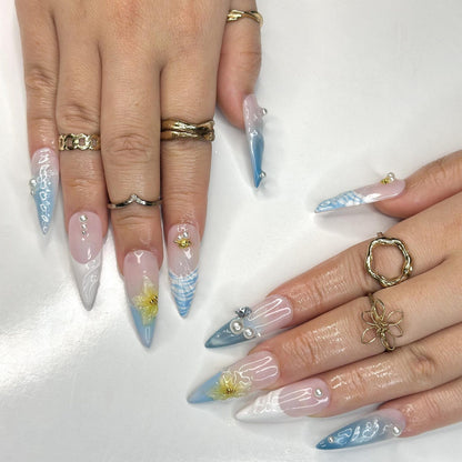 Oceanic Glam Press On Nails | Ripple & 3D Floral | Y2K Pastel Summer | Bold Beach Vacation | Long Stiletto Mermaid Nail | OB1350DG