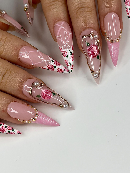 Vintage Rose Stiletto Press On Nails | Pink Rose Bridal Nails for Women | French Tip Floral Nails | Pearl Gold Nail| Romantic Nail |HB1276HC