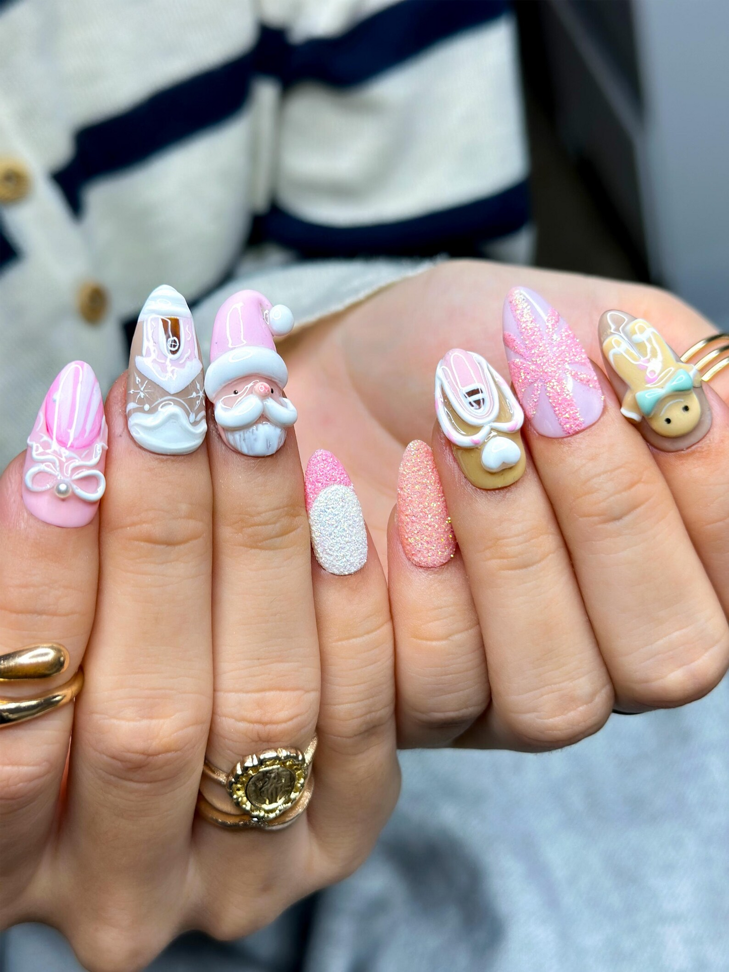 Pink Gingerbread Christmas Press On Nails | Festive Holiday Nail Art | 3D Santa & Candy Cane Nail Set | Handmade Pink Winter Nails|JB225EG