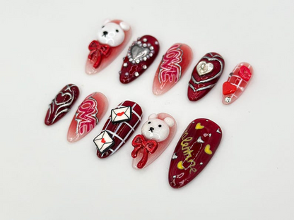 Valentine’s Day Bear Press On Nails | Red Hearts & Cute Bear Nail Art | Handmade Valentine Nails | Perfect Valentine Gift Idea | JB625HK