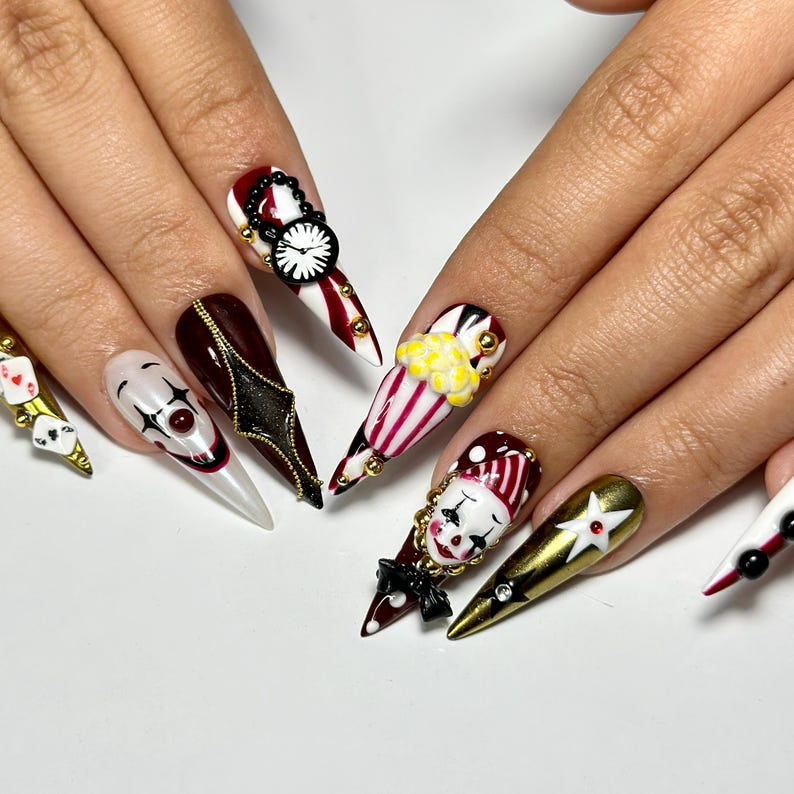 Halloween Circus Press On Nails | Spooky Clown Faces Nail Art | Gothic Harlequin Fake Nails | 3D Popcorn & Casino Press Ons | DB729YC