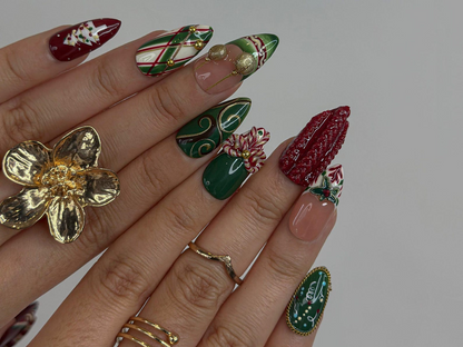 Red & Green Holiday Press On Nails For Christmas | 3D Christmas Nail Art  | Gingerbread & Bow Press Ons | HB1198HC