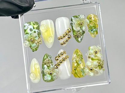 Nature Aesthetic Press On Nails | Wedding Ready Floral Fake Nails | Glass Effect Botanica Nail Art | 3D Floral Almond Nails | HB770YC
