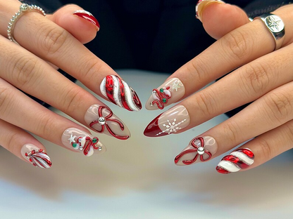 Christmas Candy Cane Press On Nails by DoryNails • Red Chrome Bow & Snowflake Nail Art • Holiday Party Nails • Gift for Her • HB1188BC