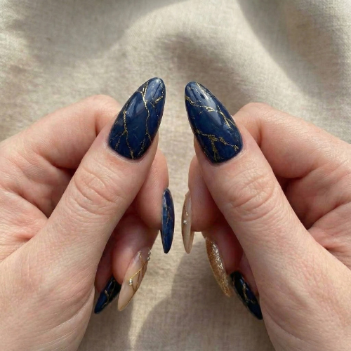 Midnight Royal Gold Press On Nails | Navy Blue Marble Nails | Champagne Gold Glitter Tips | Luxury Geometric Nail Art | Elegant Almond Statement Nails