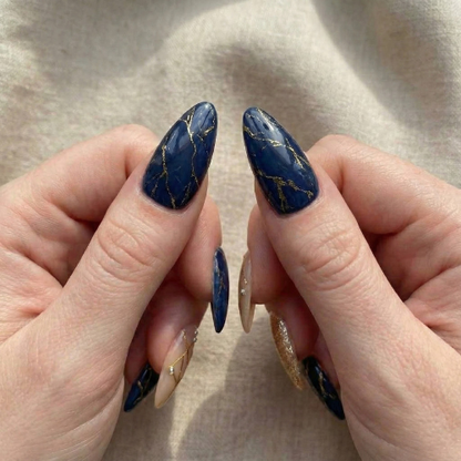 Midnight Royal Gold Press On Nails | Navy Blue Marble Nails | Champagne Gold Glitter Tips | Luxury Geometric Nail Art | Elegant Almond Statement Nails
