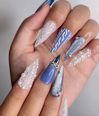 Frosted Winter Elegance Christmas Nails | Icy Blue Chrome Nail Art | Pearl Snowflake Design | Winter Wonderland Nails | Luxury Nail|HB1199HK
