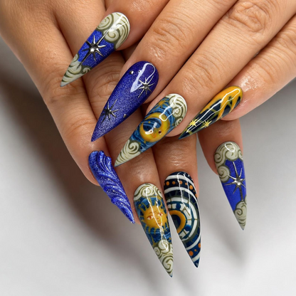 Celestial Art Press On Nails | Starry Night Sky Nail Set | Hand Painted Fantasy Nails | Sapphire Blue Statement Manicure | OC451JC
