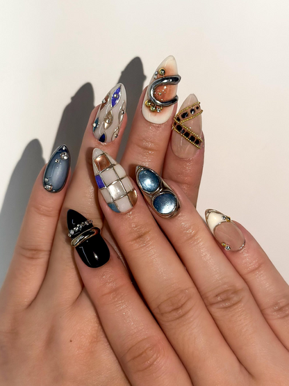 Luxury Blue Silver Press On Nails | Nude Gilded Ring Nail Art | Nude & Steel Statement Nails | High Fashion Almond Nails | JB1023EC