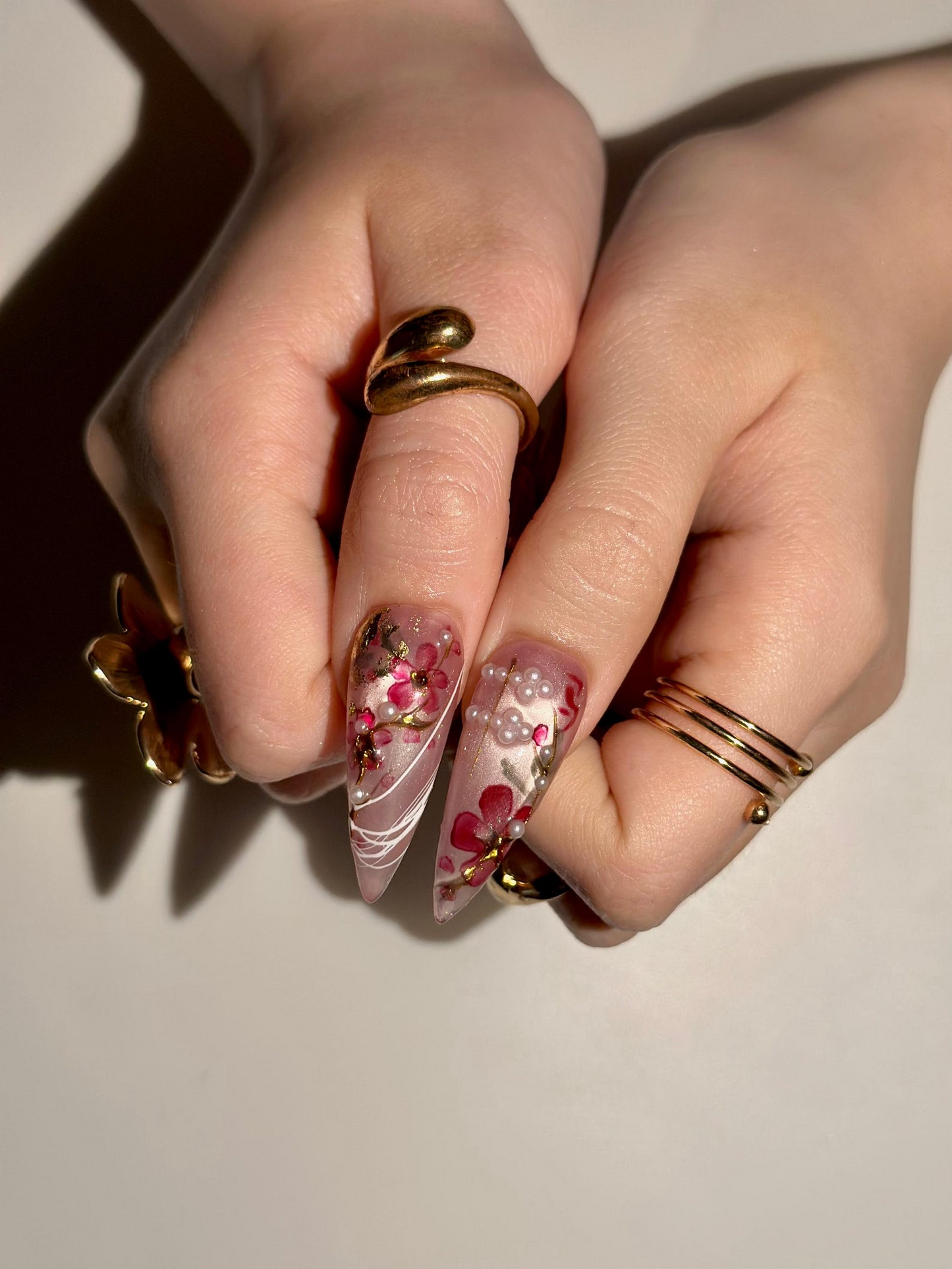 Handmade Cherry Blossom Press On Nails, Asian Inspired Luxury 3D Jade and Gold Leaf Nails, Elegant New Year Luxury Fake Nails, DB1021HC
