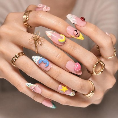 Cute 3D Ladybug Summer Press On Nails Almond • Tropical Pool Party Vibe • Rainbow Star Heart Charm • Colorful French Tip • OB1366DG