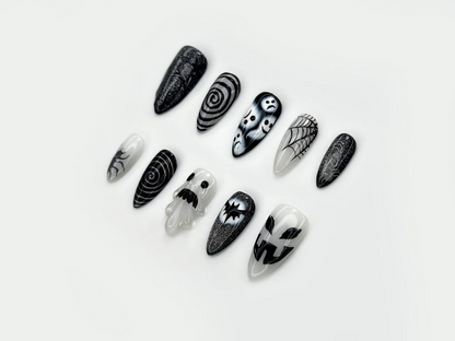 Press on nails for halloween| Black White Gothic Halloween Nails | 3D Ghost & Spider Design | Spooky Night Nail Art | JB197EC