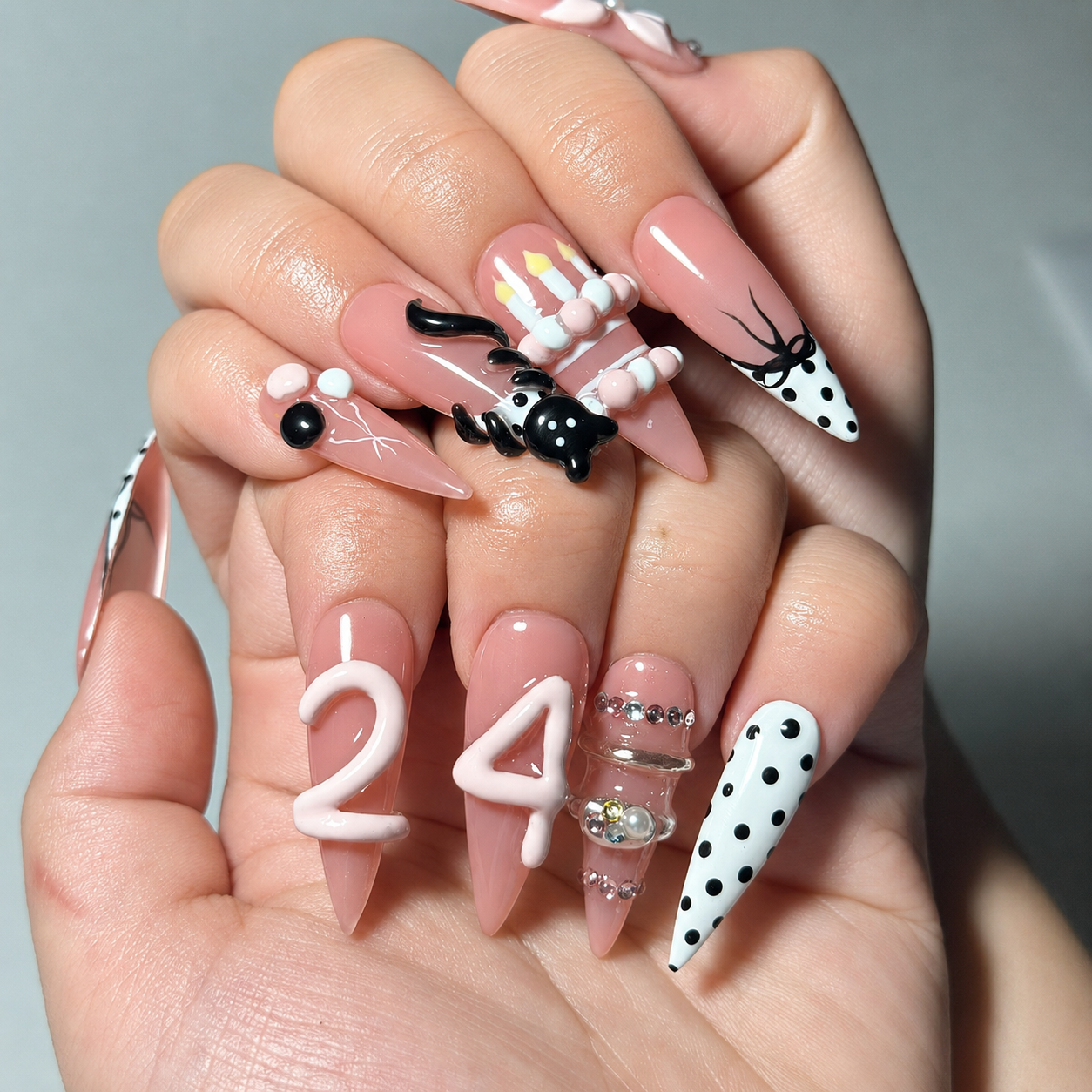 Custom Birthday Press On Nails | Pink Coquette 24 Nails, 3D Cake Bow Nails, Cute Party Nails, Reusable Gift for Her | OB435LG