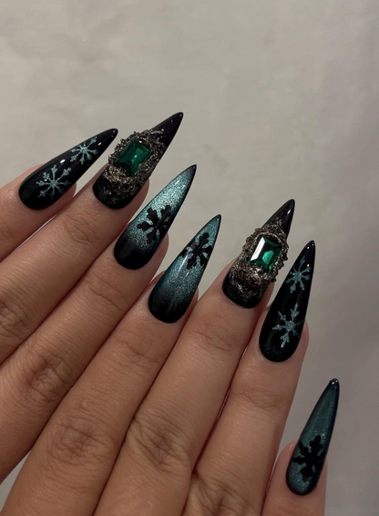 Emerald Snowflake Christmas Press On Nails | Black Green Winter Nails | Luxe Holiday Nail Art | Stiletto Press Ons | Winter Set | JB237HC