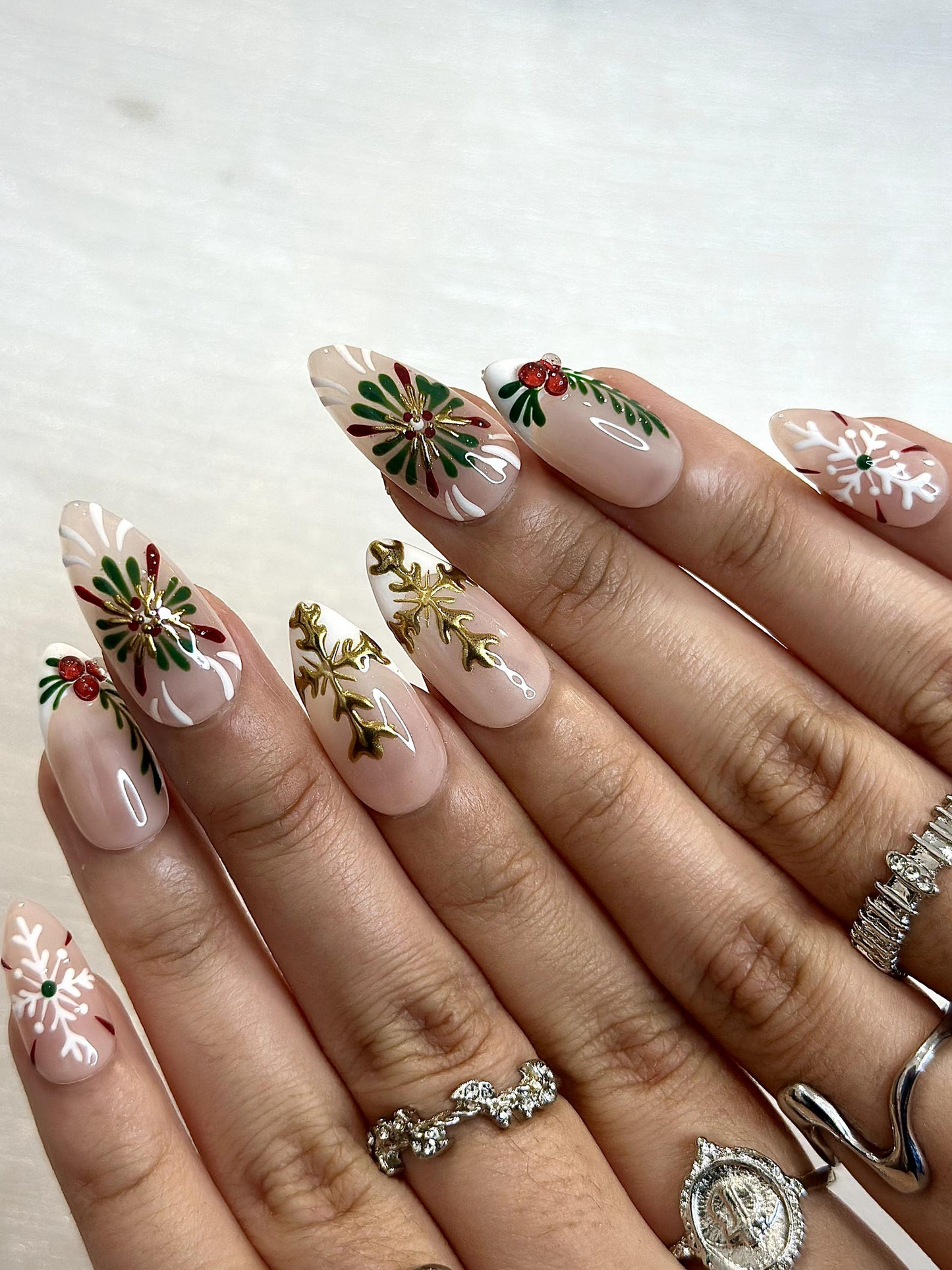 Holly Berry Christmas Press On Nails | Nude Winter Holiday Nails | Elegant Green & Red Press Ons | Festive Minimalist Nail Art | JC243HC