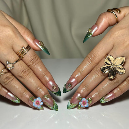 3D Floral Press On Nails | Green Leaf Pink Chrome Nails | Handmade Flower Nail Art | Elegant Spring Nails | Luxury Almond Nails | HC1308NC