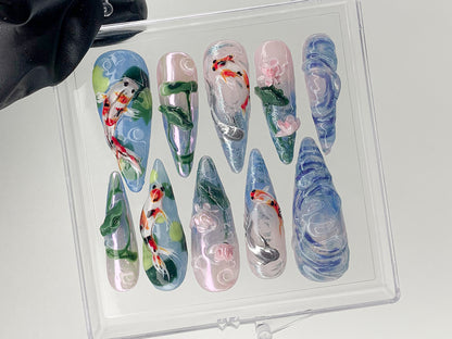 Koi Pond Bliss Press On Nails | Koi Floral Acrylic Nails | Serene Waters Nail Art | Blossoming Fake Nails | Fairy Garden Koi Nails | HD603AV