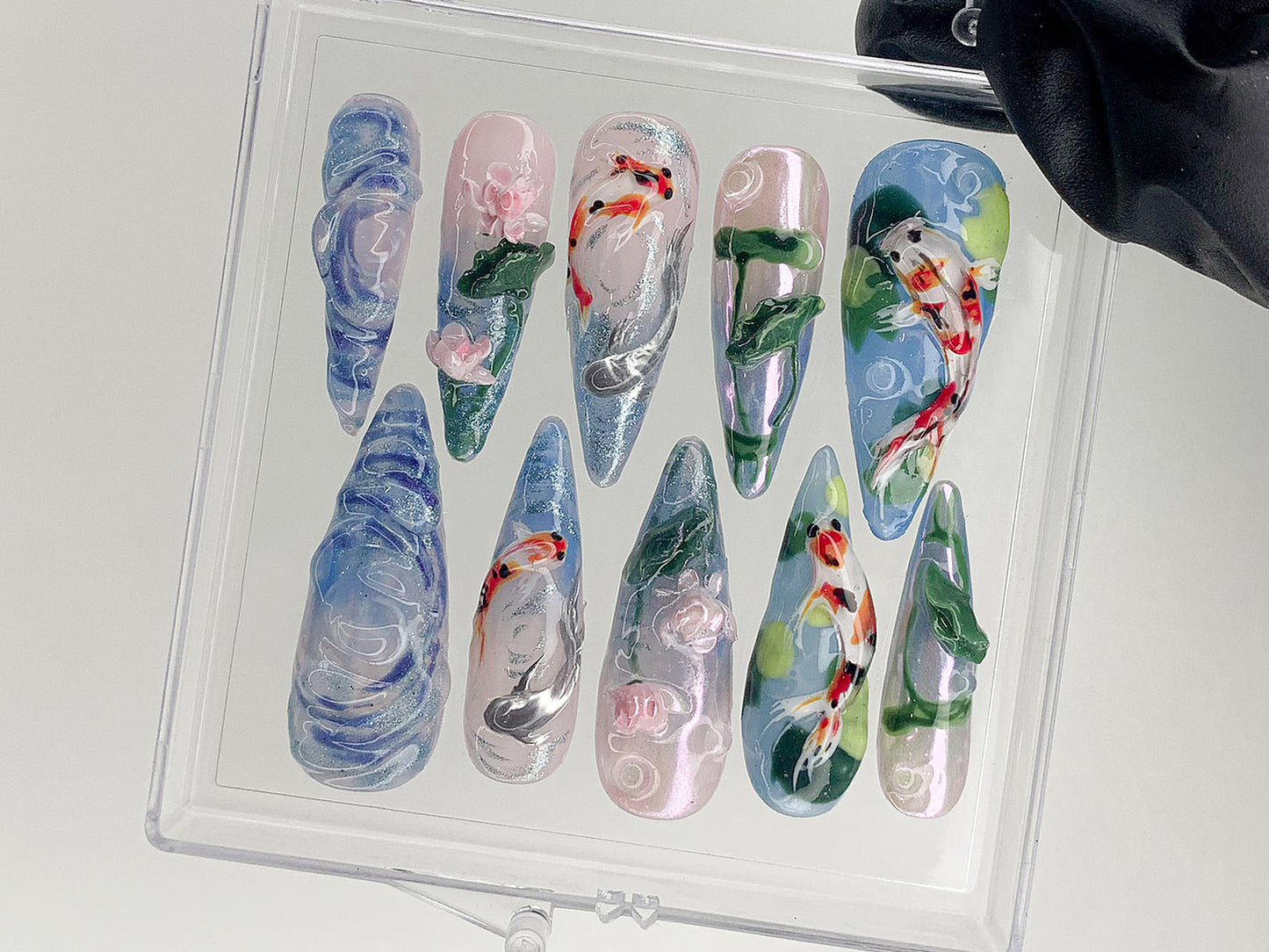 Koi Pond Bliss Press On Nails | Koi Floral Acrylic Nails | Serene Waters Nail Art | Blossoming Fake Nails | Fairy Garden Koi Nails | HD603AV