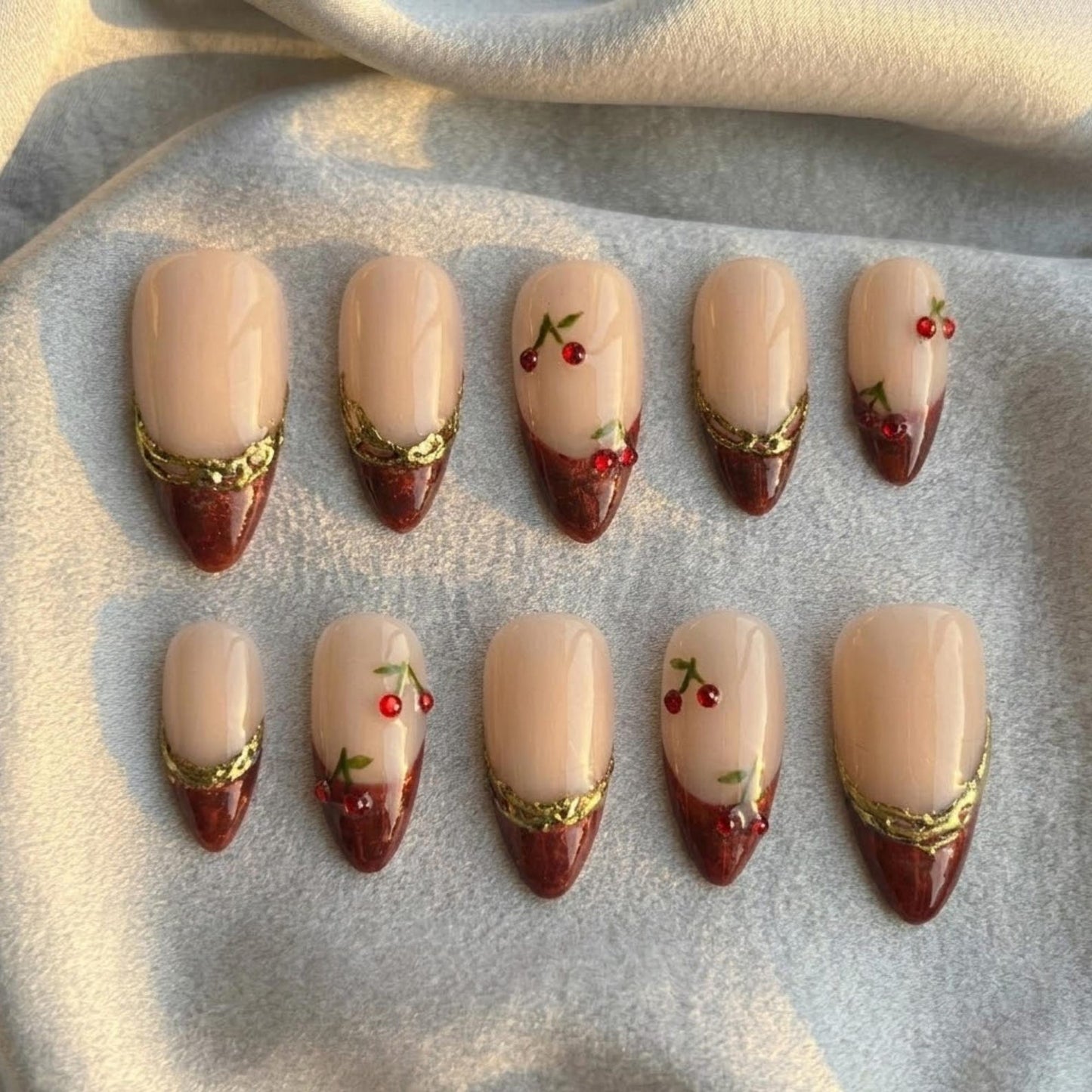 Vampy Cherry Press On Nails | Gold Swirl French Tip | Deep Red Y2K Summer | Bold Date Night Vacation | Custom Shape Handmade Set | OB1354DK