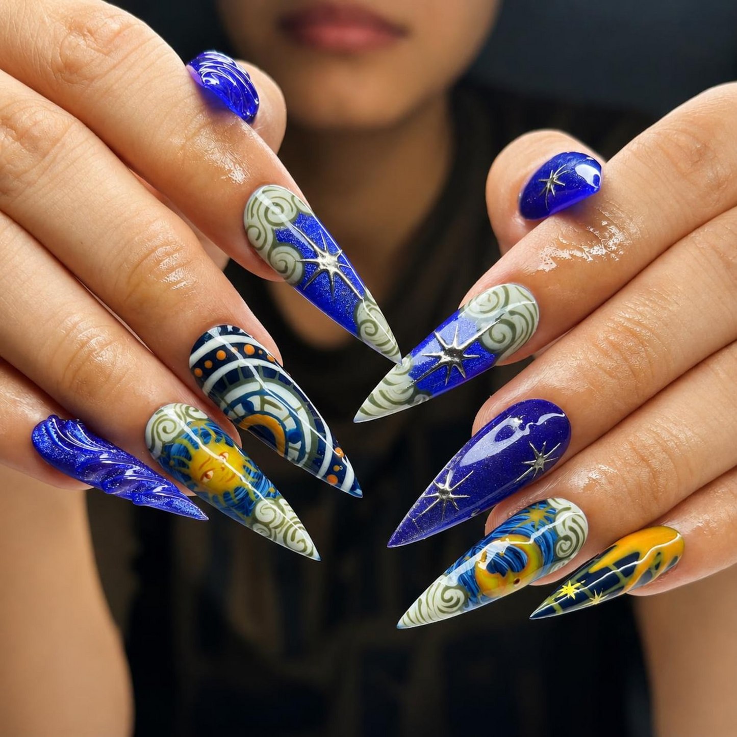 Celestial Art Press On Nails | Starry Night Sky Nail Set | Hand Painted Fantasy Nails | Sapphire Blue Statement Manicure | OC451JC