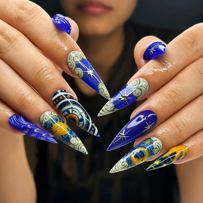 Celestial Art Press On Nails | Starry Night Sky Nail Set | Hand Painted Fantasy Nails | Sapphire Blue Statement Manicure | OC451JC