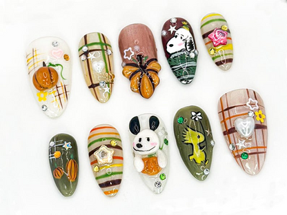 Cute Autumn Press-On Nails| 3D Cartoon & Rustic Style | Hand-Painted Nail Art | Unique Fall Nail Art | Autumn-Themed Press-On Nails|JB588HC