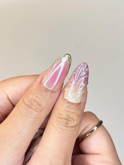 Jisoo MET Gala Inspired Nails | 3D Floral Molten Gold Press Ons | Luxury Pink Ombre Shimmer Custom Celestial Almond Art| OB390IK