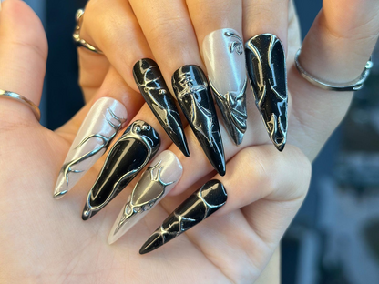 Black Silver Chrome Press On Nails | Gothic Metallic Nail Art | Winter Armor Nails | Holiday Party Nails | Handmade Gift Set | JC1193BK