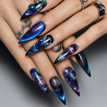 Galaxy Space Press On Nails Long Stiletto • 3D Planet Art • Nebula Milky Way Handpainted Stars • Festival Rave Party • OB1362DG