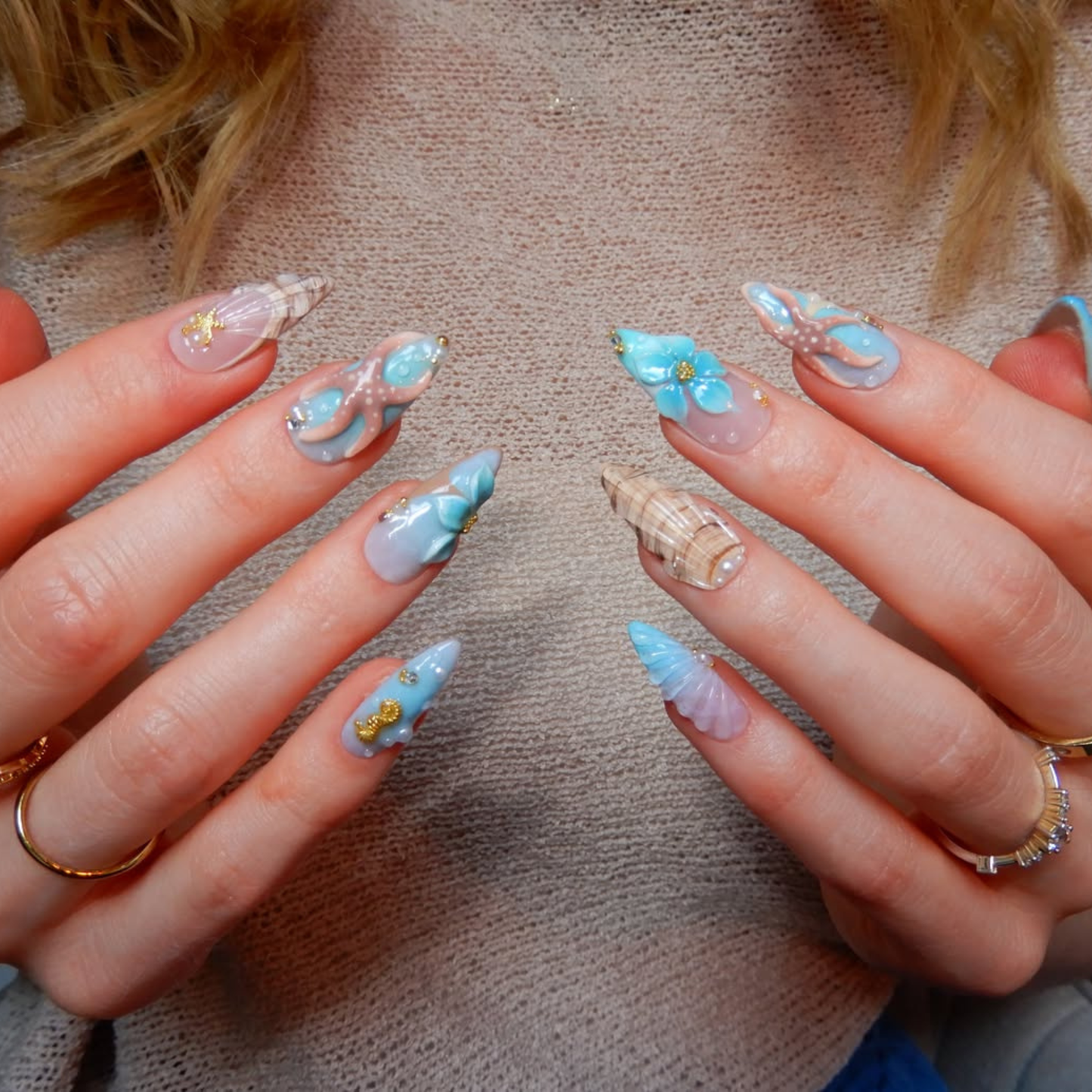 Summer Mermaid Press On Nails Long Almond • Beach Vacation Nails • 3D Seashell Starfish Ocean Fake Nails | OB4KL