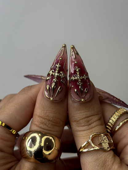 Golden Red Press On Nails | Burgundy & Gold Floral Nail Art | 3D Metallic Flower Design | Luxury Nail Set | Long Stiletto Press Ons| DC878HC
