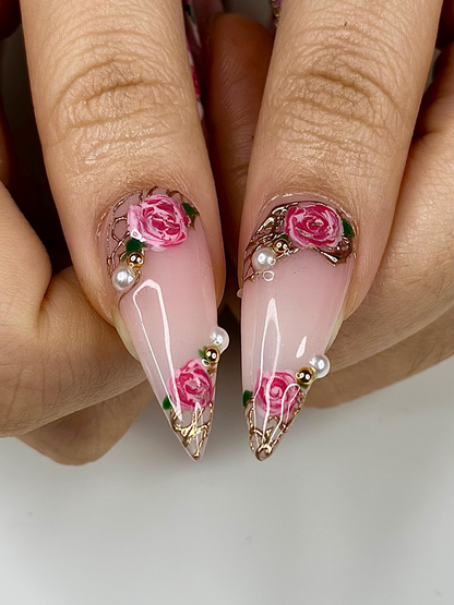 Vintage Rose Stiletto Press On Nails | Pink Rose Bridal Nails for Women | French Tip Floral Nails | Pearl Gold Nail| Romantic Nail |HB1276HC
