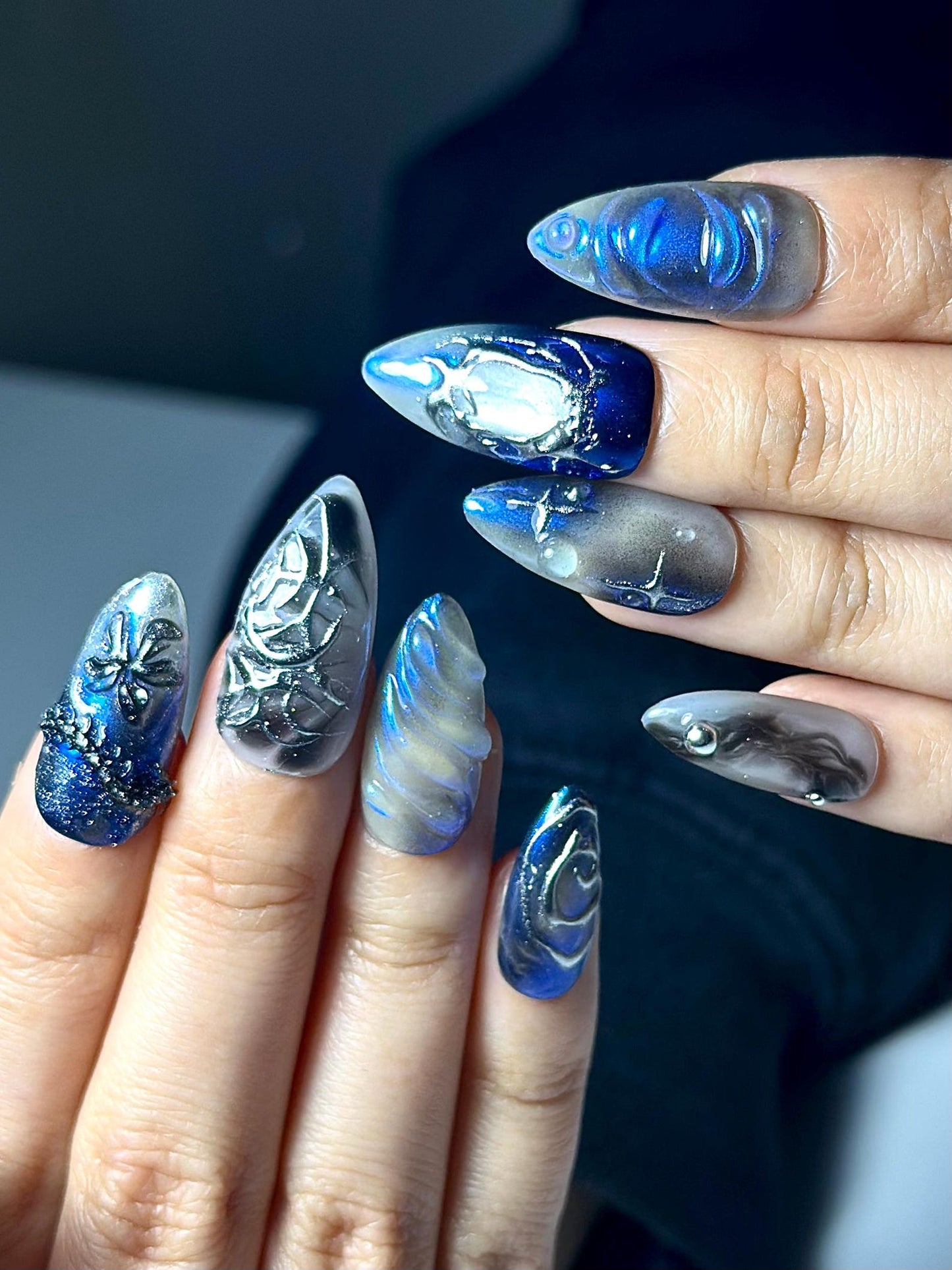 Galaxy Gothic Press On Nails | Dark Blue Chrome Cat Eye Nails | Celestial Star Night Nail Art | Handmade Cosmic Gel Nails | JB328IC