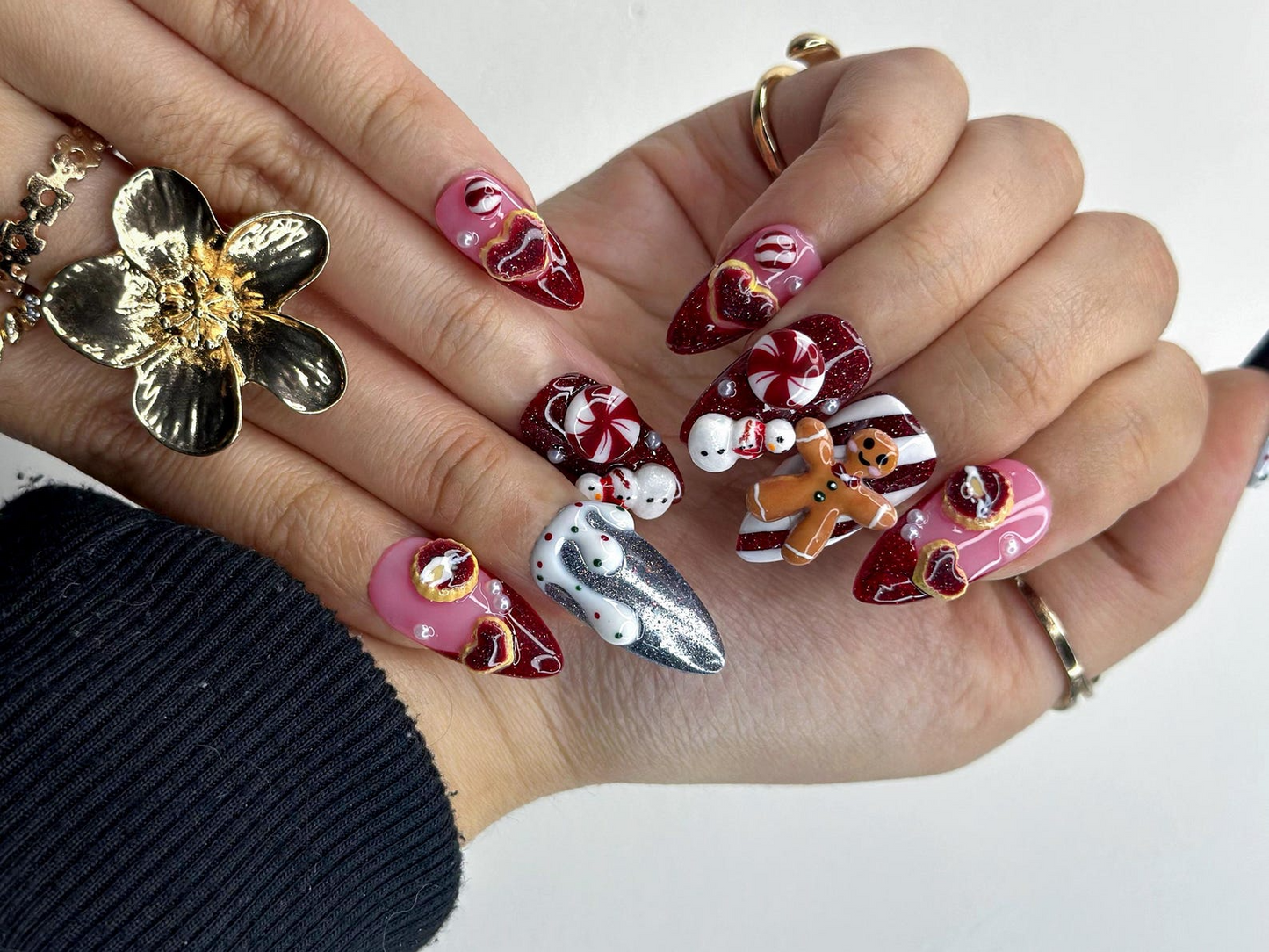 Gingerbread Red Christmas Press On Nails | 3D Christmas Cookie Nail | Peppermint & Snowman Holiday Nails| Red Glitter Festive Nails |JB216HC