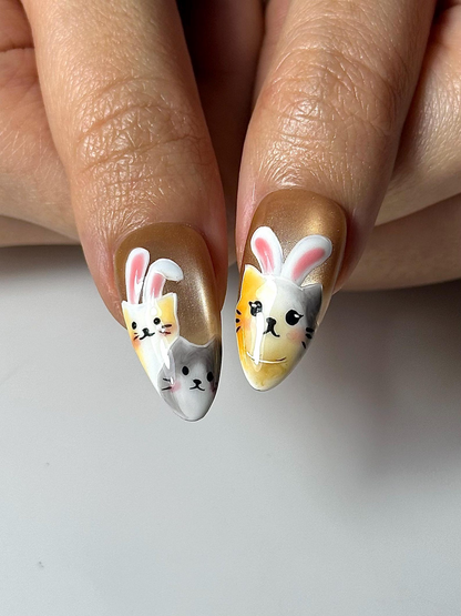 Bunny Cat Gold Press On Nails | Cute Rabbit Kitty Nail Art | Kawaii Animal Nails | Gold Almond Nails | Handmade Press Ons | HC1301HC