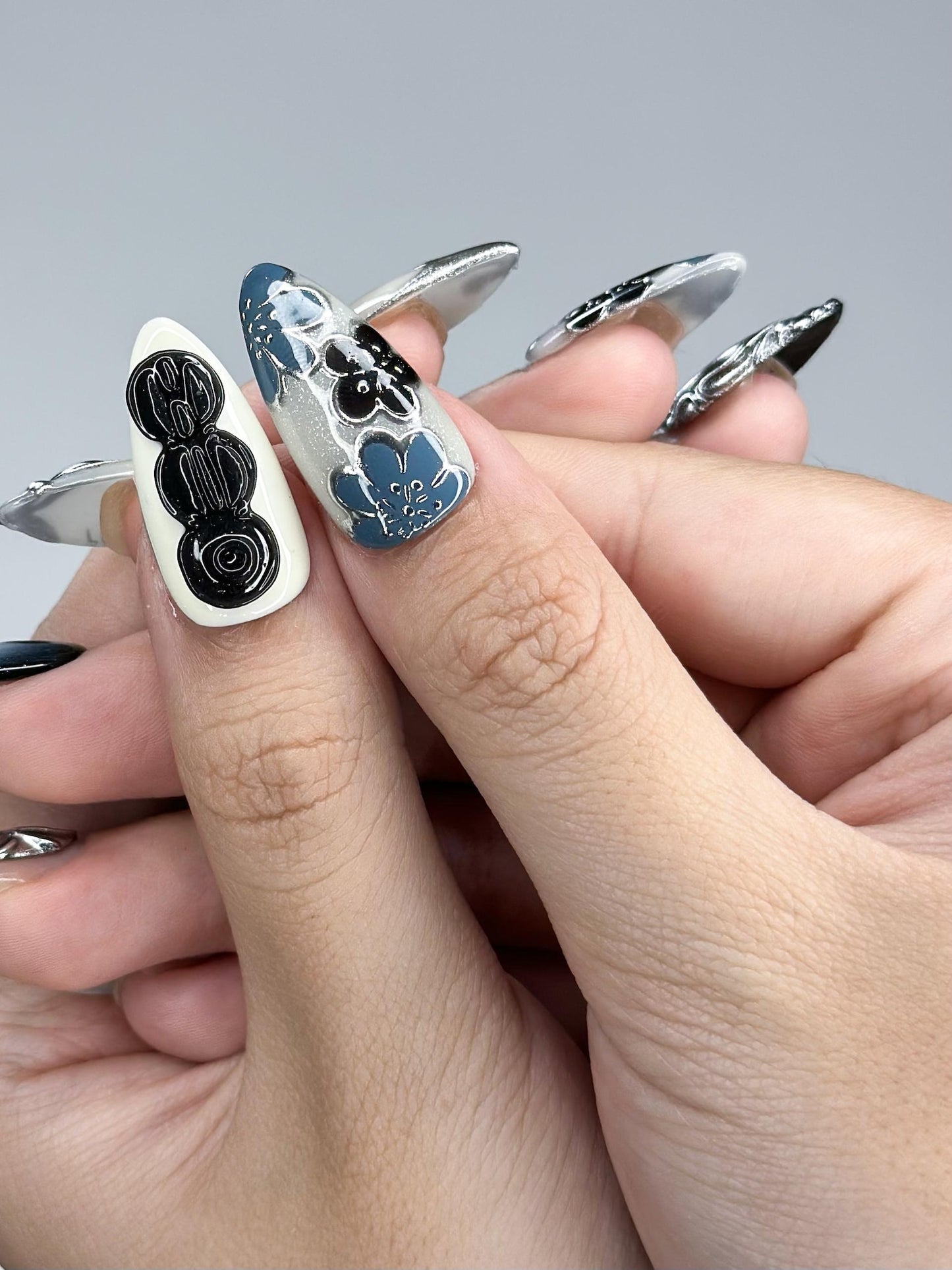 Kpop Inspired Indigo Voyage Nails | 7 Spirit Arirang Silver Shark Nails | Ocean Muse 3D Chrome Nails | Handmade Nails | JC357IC