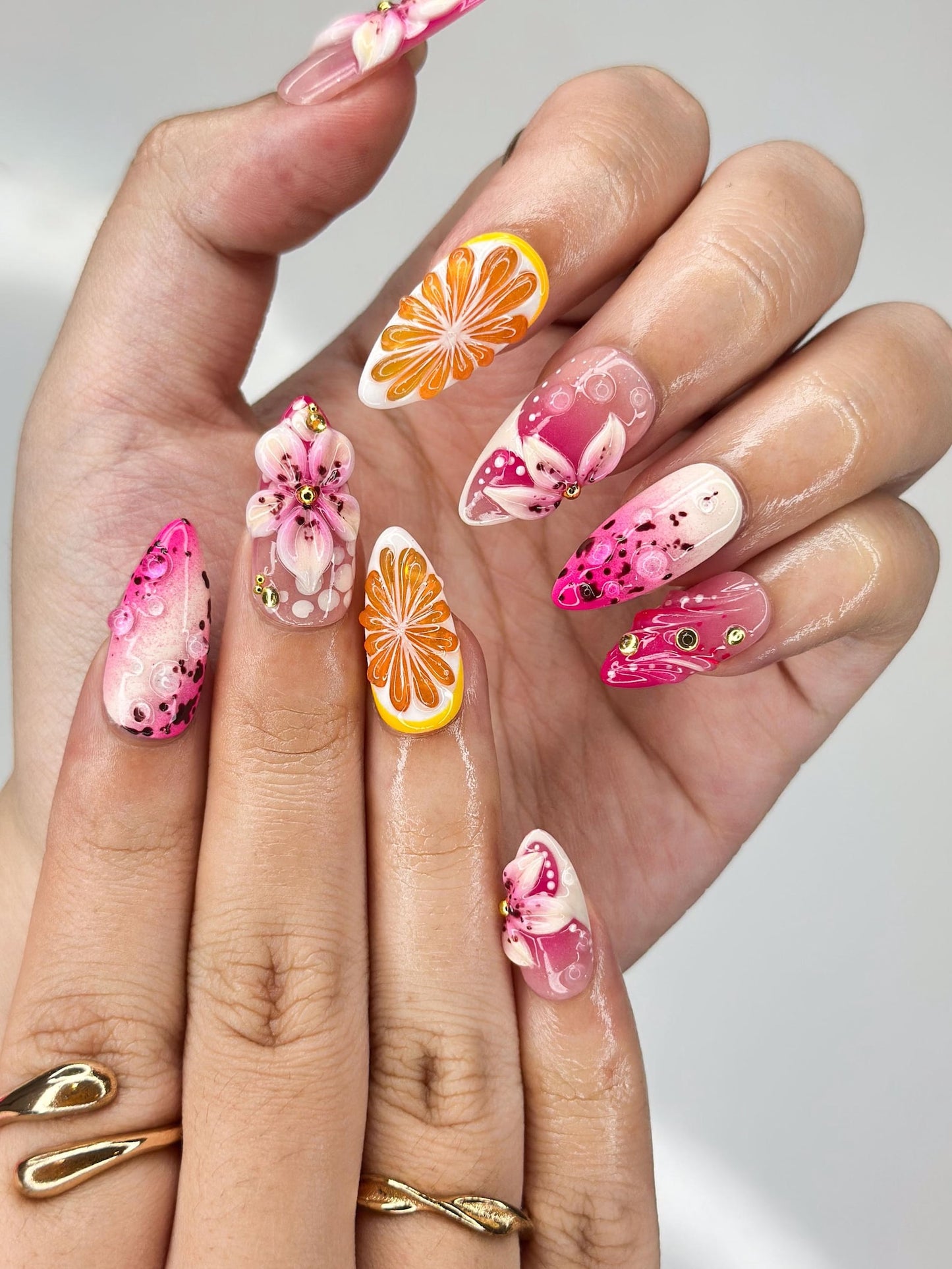 Summer Citrus & Dragon Fruit Nails | Pink Lily n Orange Slice Press Ons | Luxury Tropical Lemon Fruit Stiletto Art | OB376IC