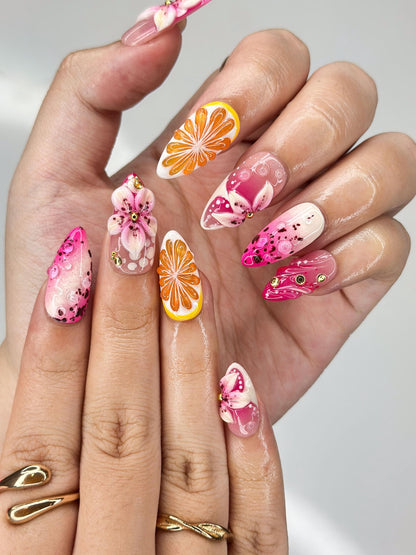 Summer Citrus & Dragon Fruit Nails | Pink Lily n Orange Slice Press Ons | Luxury Tropical Lemon Fruit Stiletto Art | OB376IC