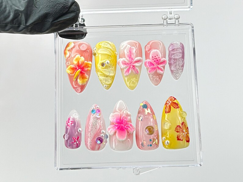 3D Tropical Flower Press On Nails | Vibrant 3D Flower Nail Art | 3D FairyCore Flower Press Ons | acrylic nails | Dreamy nails | HC597TL