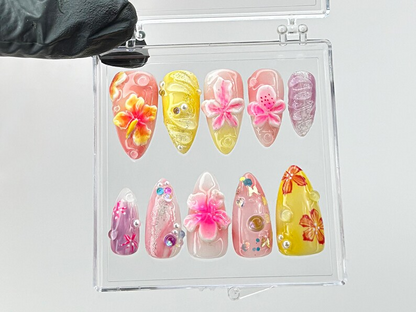 3D Tropical Flower Press On Nails | Vibrant 3D Flower Nail Art | 3D FairyCore Flower Press Ons | acrylic nails | Dreamy nails | HC597TL