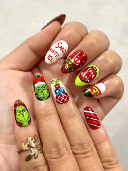 Grinch Mischief Press On Nails For Christmas | Cute Cartoon Winter Nail Art | Funny Holiday Nails | Red Green Christmas Set |JB227EG