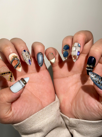 Luxury Blue Silver Press On Nails | Nude Gilded Ring Nail Art | Nude & Steel Statement Nails | High Fashion Almond Nails | JB1023EC